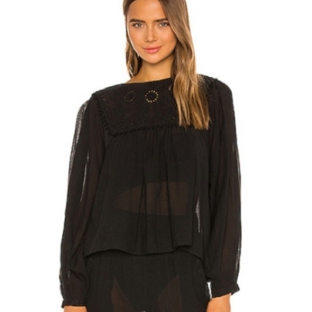 Free People Valencia Blouse Top Embroidered Eyelet NEW! Black - Picture 2 of 8